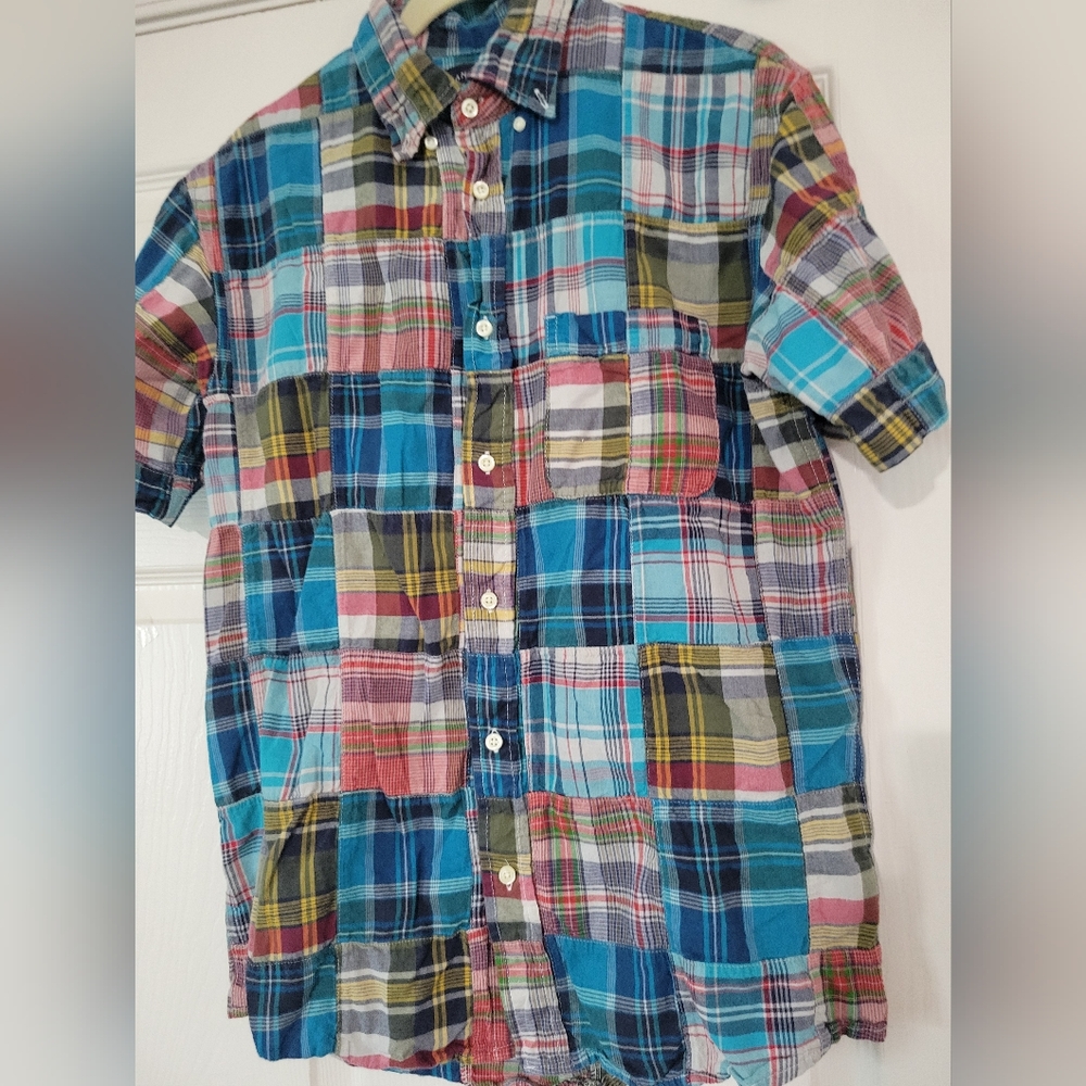 Lands' End Mens Patchwork Block Plaid Button Fron… - image 1